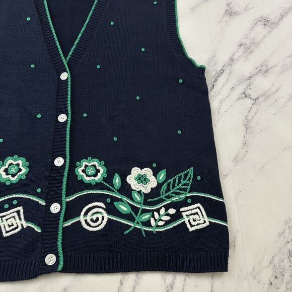 Koret Womens Vintage 90s Sweater Vest Size L Navy Blue Green Floral Embroidered - Picture 3 of 9